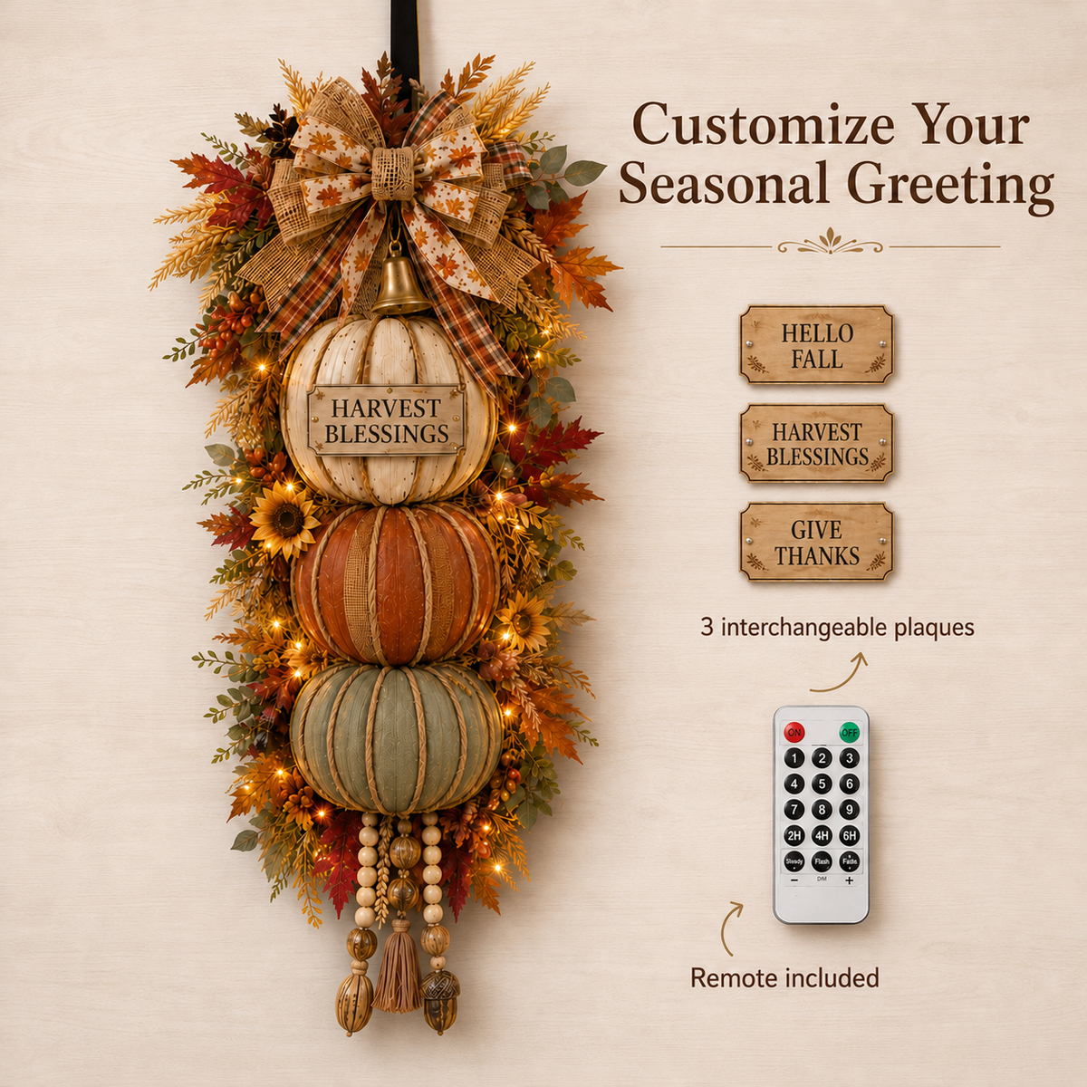 🏡🎃Lighted Stacked Pumpkin Fall Door Decor with 3 Seasonal Plaques ...