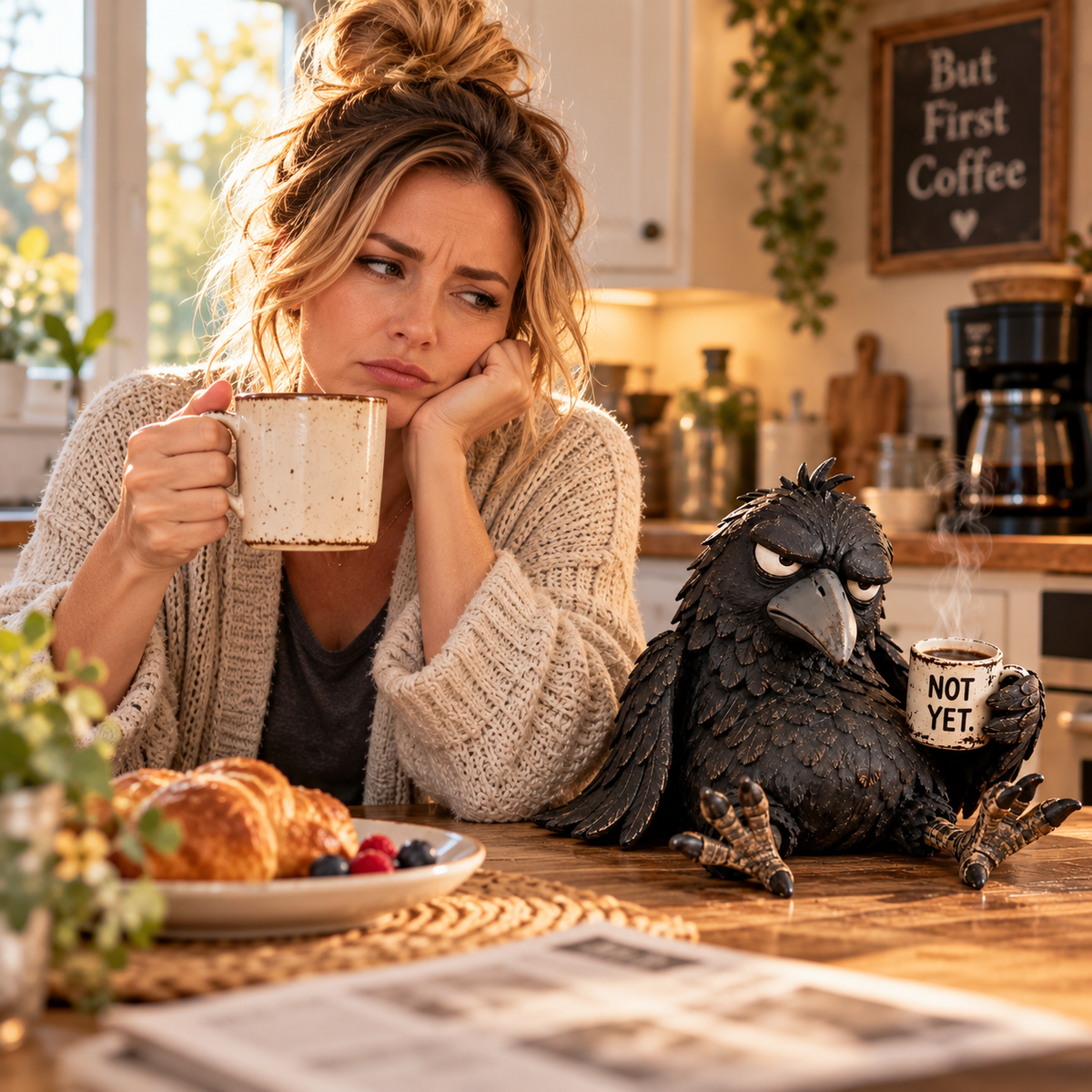 Grumpy Coffee Raven Figurine – “Not Yet” Funny Morning Decor – dltchain