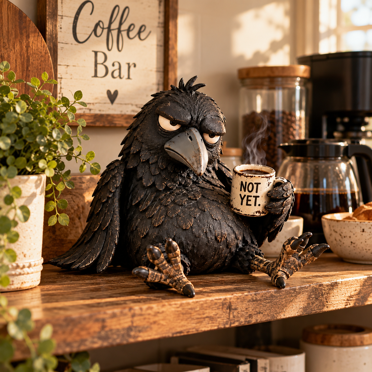 Grumpy Coffee Raven Figurine – “Not Yet” Funny Morning Decor – dltchain