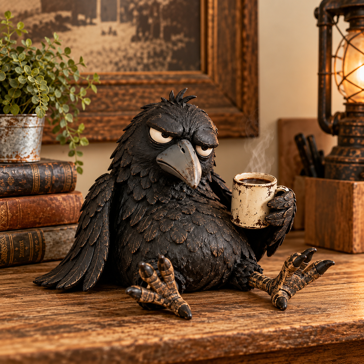 Grumpy Coffee Raven Figurine – “Not Yet” Funny Morning Decor – dltchain